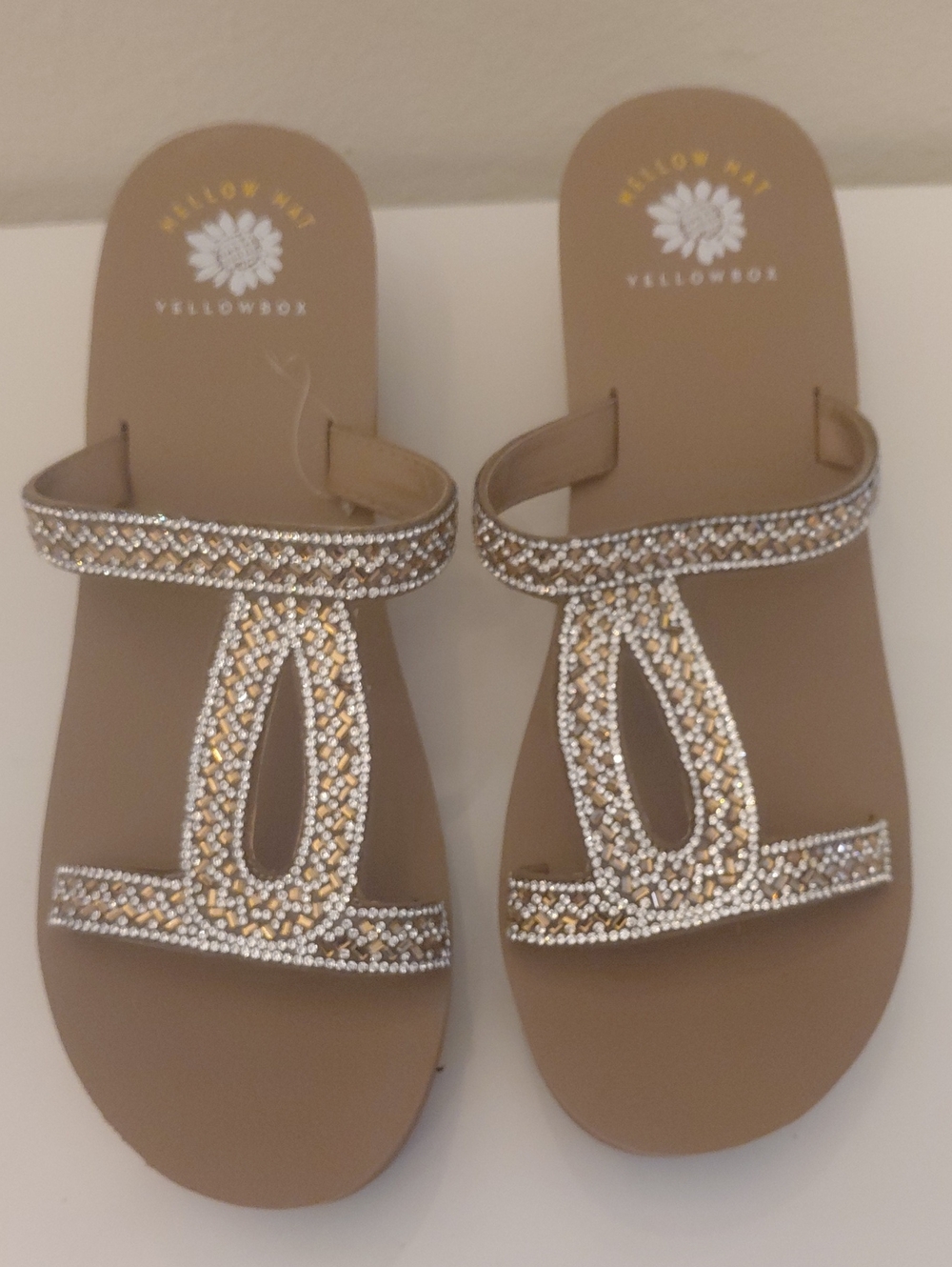 New Yellow Box Taupe Slide Sandals with Gold & Silver Beading